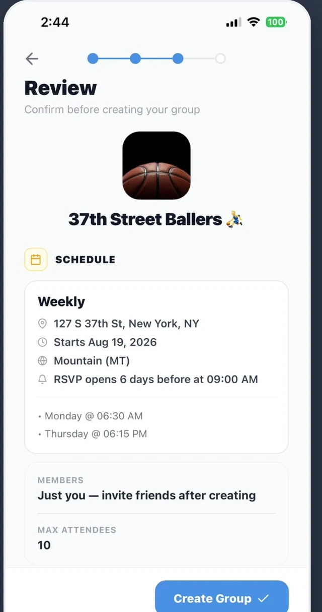 GroupThat schedule review screen showing a weekly recurring meetup with automatic invites