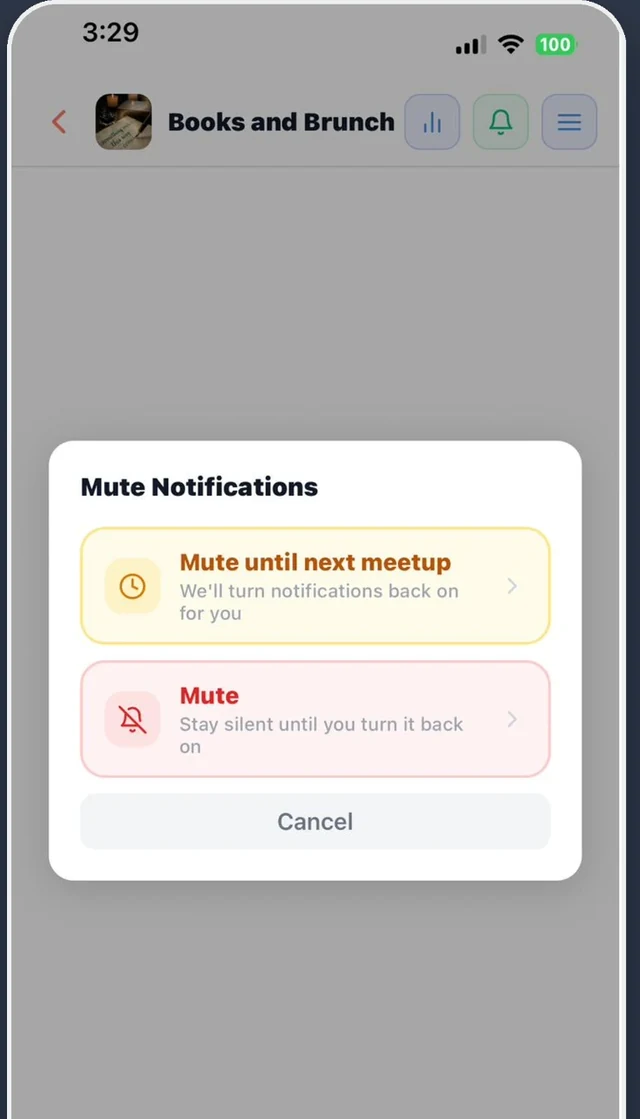 GroupThat mute notifications screen with options to mute until the next meetup