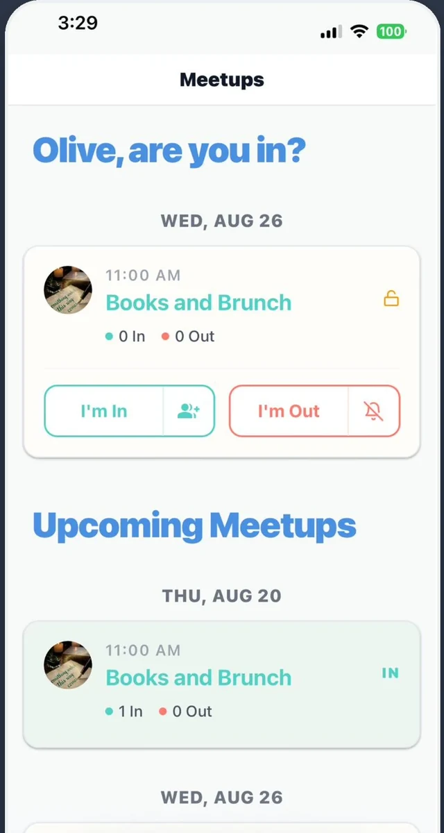 GroupThat meetup screen with I'm In and I'm Out RSVP buttons